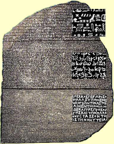 The Rosetta stone has three different alphabets. From top: Egyptian 